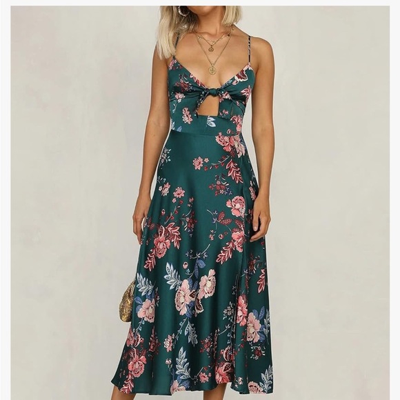 Women’s spaghetti strap midi satin dress with tie front and slit - Picture 3 of 7